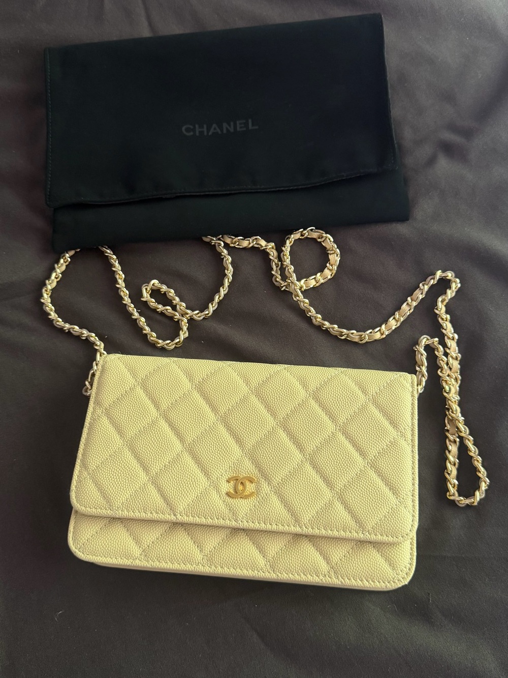 CHANEL Quilted Cream Caviar Leather Crossbody with Gold Chain